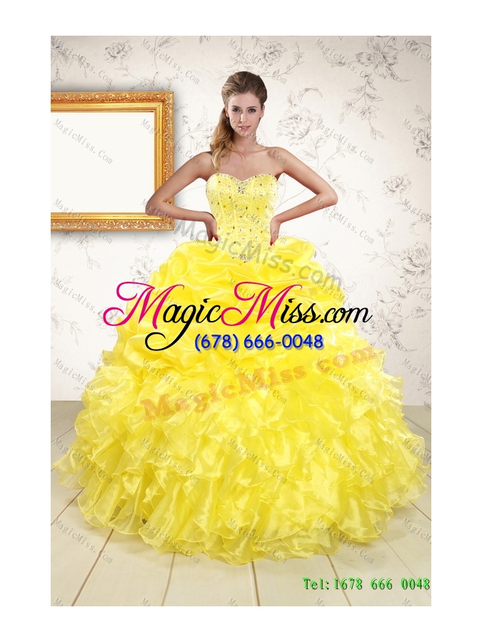 wholesale yellow sweetheart rufflers beading quinceanera dress and bownot short prom dresses and yellow spaghetti straps beading pageant dresses for little girl