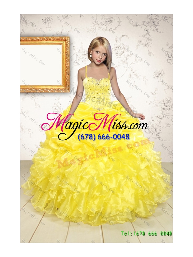 wholesale yellow sweetheart rufflers beading quinceanera dress and bownot short prom dresses and yellow spaghetti straps beading pageant dresses for little girl