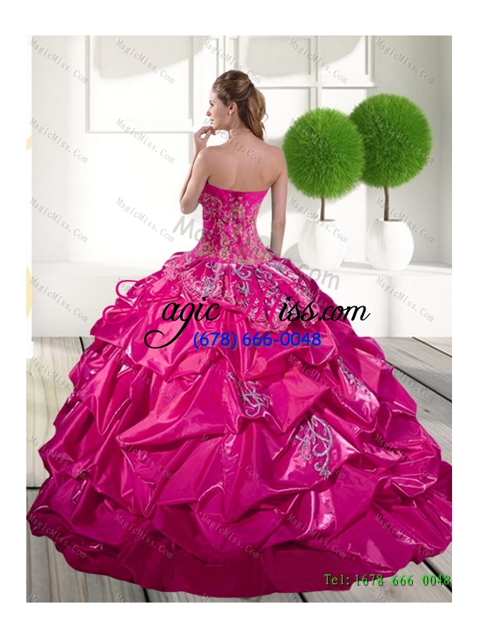 wholesale 2015 in stock appliques and pick ups quinceanera dress in hot pink