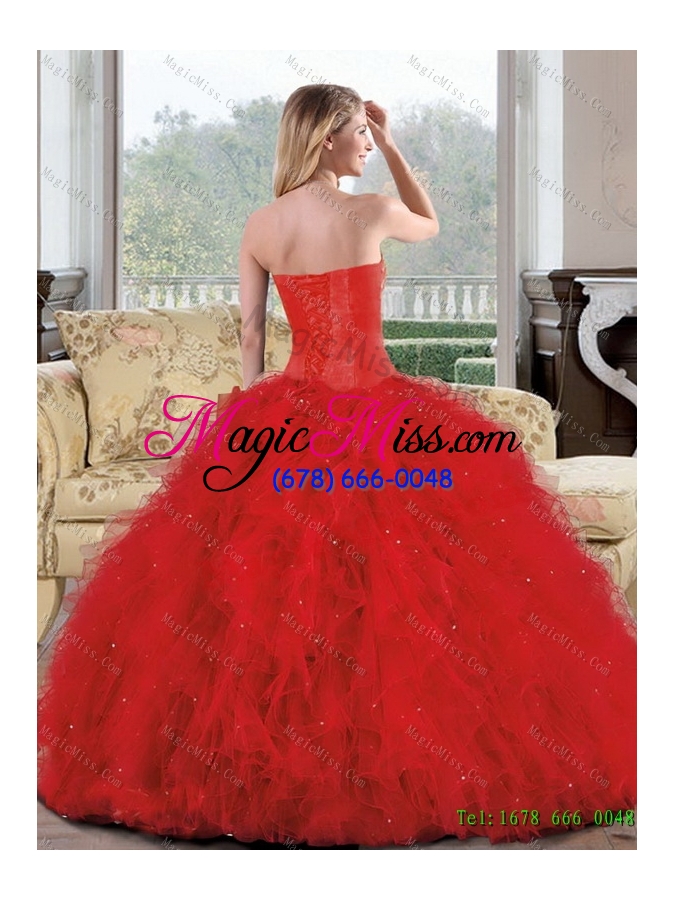 wholesale 2015 in stock sweetheart red quinceanera dresses with appliques and ruffles