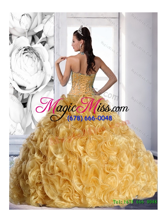wholesale in stock strapless gold 2015 quinceanera dress with beading and rolling flowers