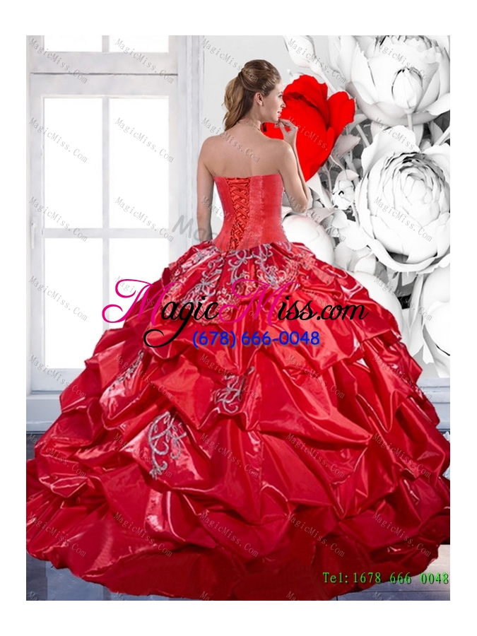 wholesale 2015 beading and appliques red quinceanera dresses with brush train and pick ups
