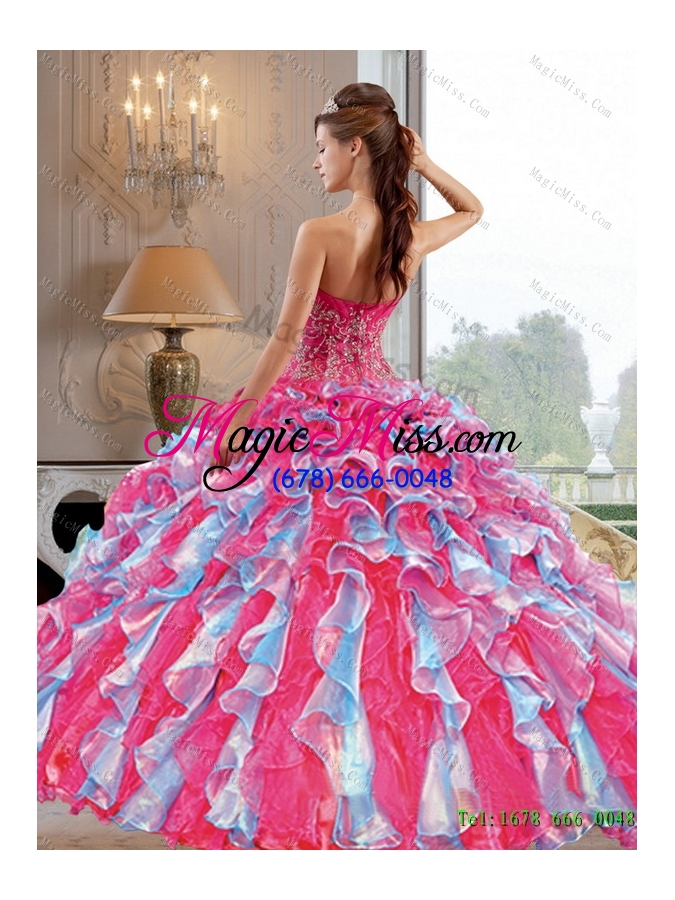 wholesale 2015 multi-colored ball gown quinceanera dress with appliques and ruffles