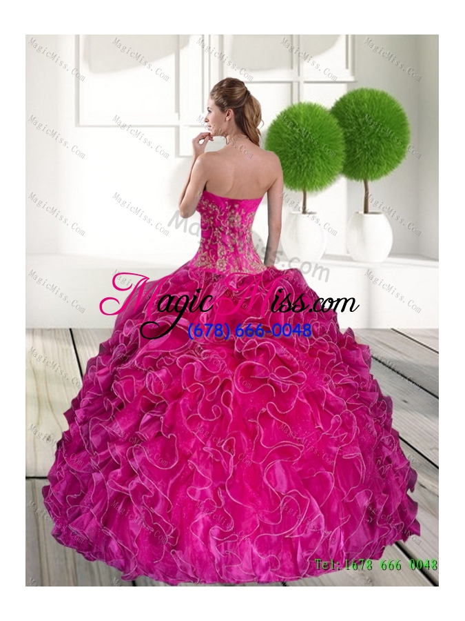 wholesale 2015 unique hot pink quinceanera gown with ruffles and appliques
