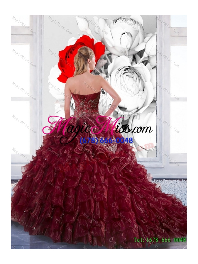 wholesale unique sweetheart wine red 2015 quinceanera dress with appliques and ruffles