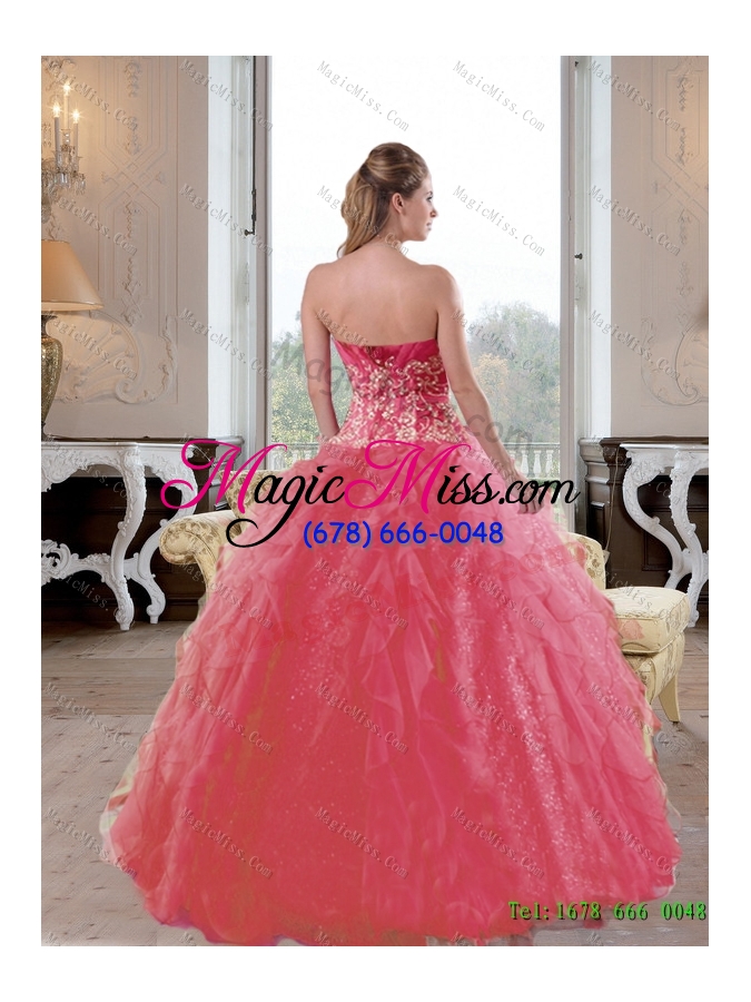 wholesale unique ruffles and appliques 2015 quinceanera gown in coral red