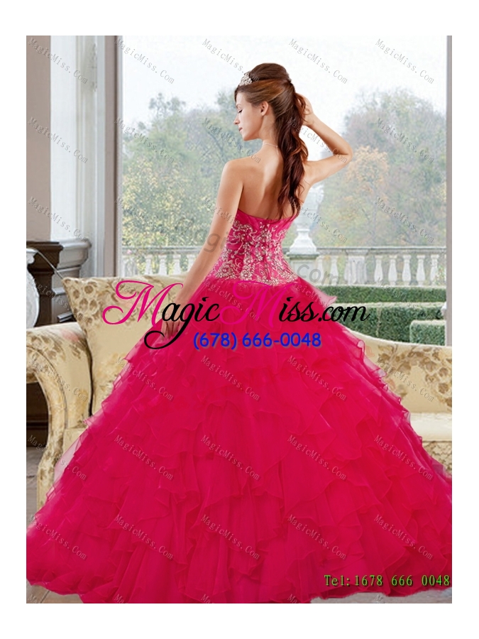 wholesale romantic sweetheart 2015 red quinceanera gown with appliques and ruffles