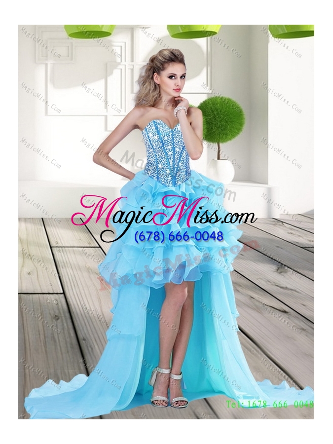 wholesale detachable aqua blue high low 2015 prom skirts with beading and ruffles