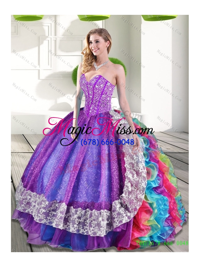 wholesale 2015 fashionable beading and ruffles sweetheart quinceanera dresses in multi color