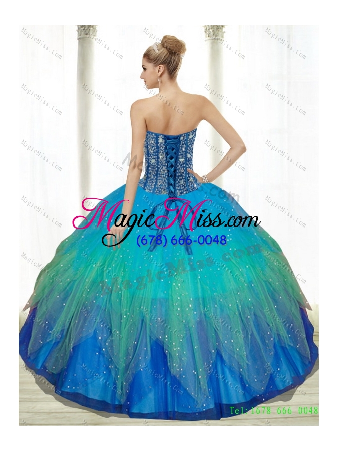 wholesale 2015 low price beading sweetheart tulle turquoise quinceanera dresses