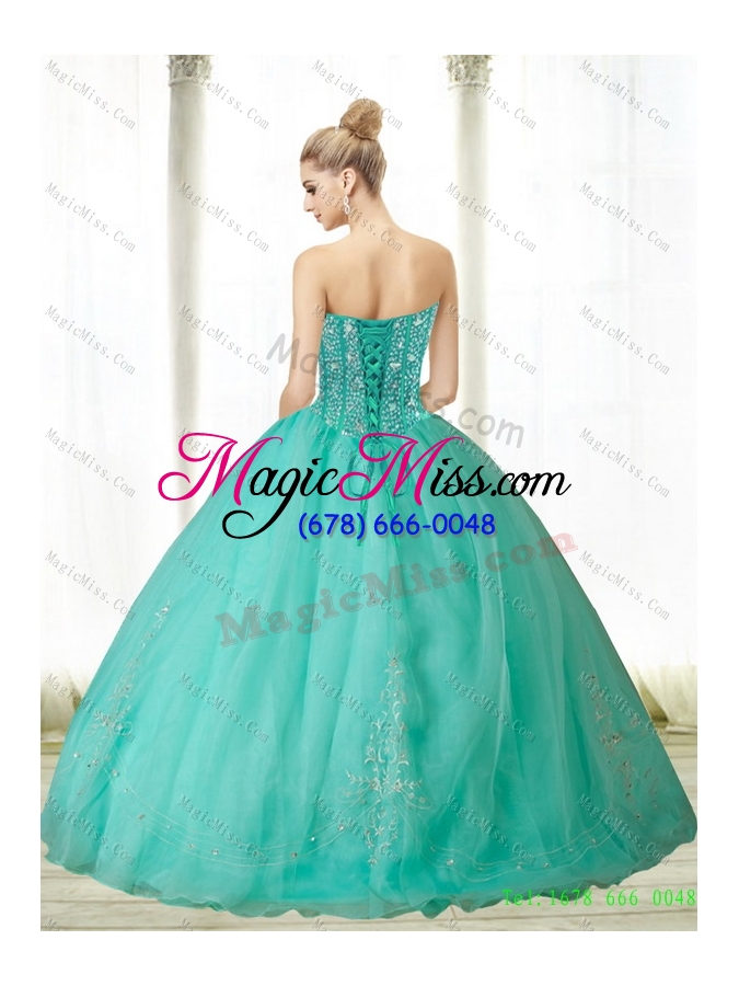 wholesale popular beading and appliques turquoise sweetheart quinceanera dresses for 2015