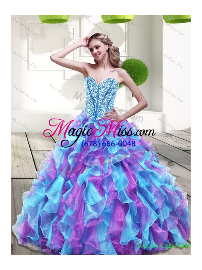 wholesale 2015 fashionable beading and ruffles sweetheart quinceanera dresses in multi color