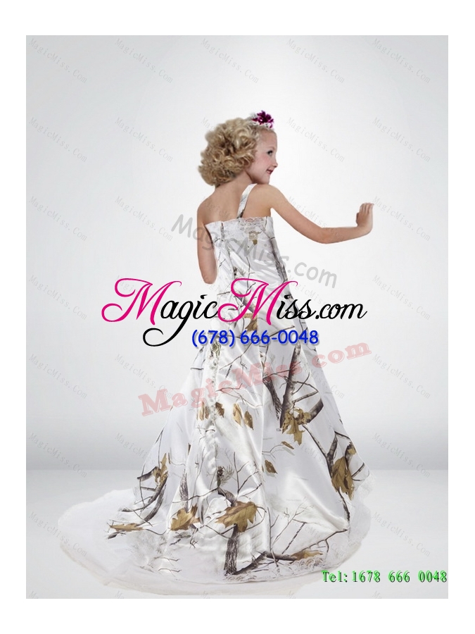 wholesale 2015 popular a line straps camo flower girl dresses with brush train beading