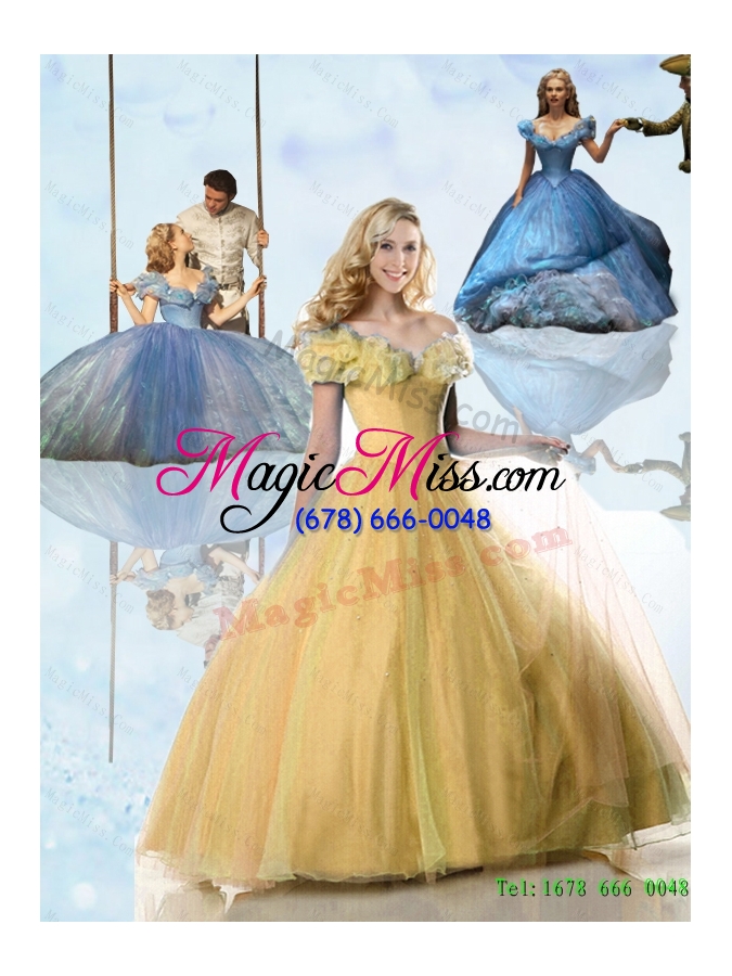 wholesale luxurious 2015 summer gold cinderella quinceanera dresses with hand made flowers