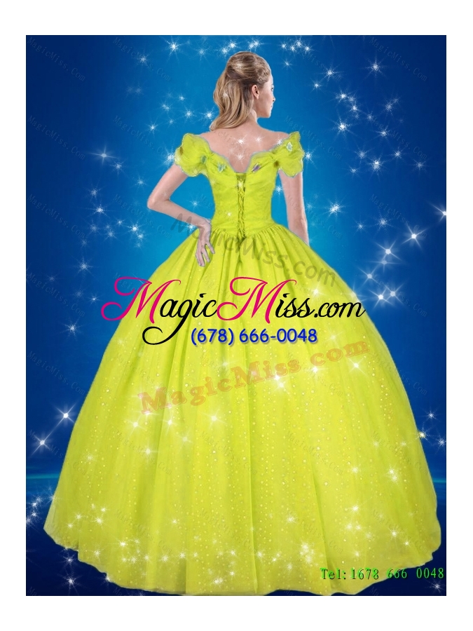 wholesale yellow green ball gown new arrival cinderella quinceanera dresses with hand made flowers