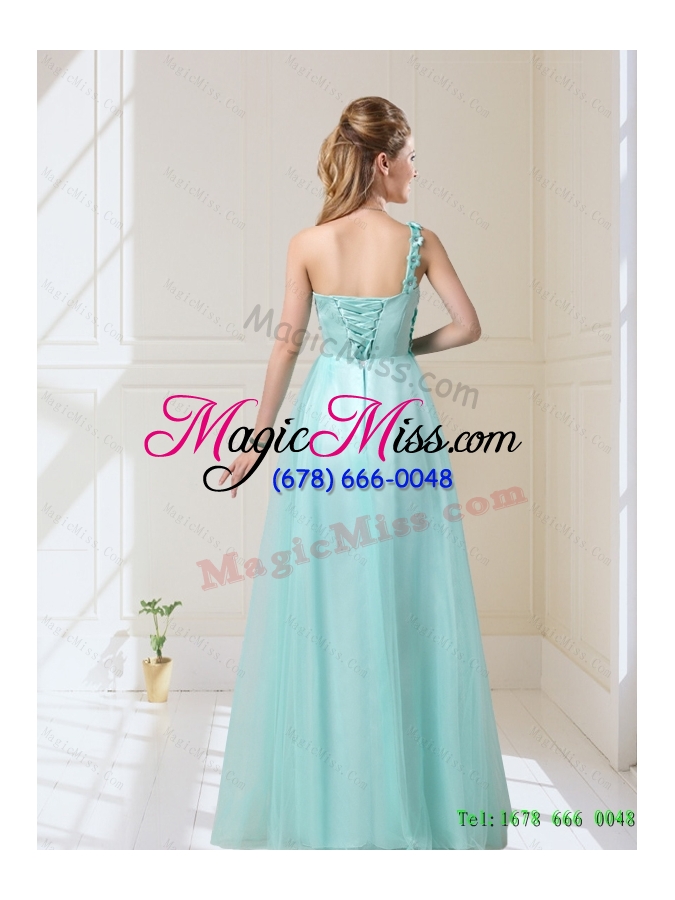 wholesale feminine one shoulder floor length dama dresses with appliques