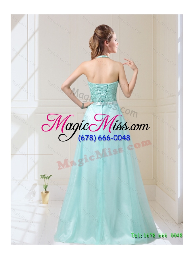 wholesale elegant empire halter top laced mint prom dresses with sash