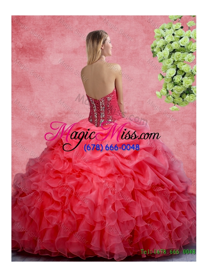 wholesale 2016 popular beaded and ruffles quinceanera gowns in coral red