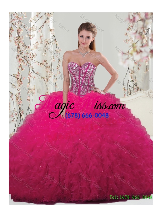 wholesale 2015 winter classical ball gown beaded and ruffles macthing sister dresses in hot pink
