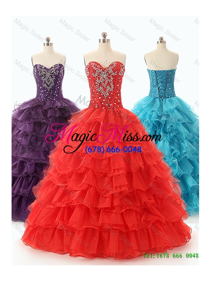 wholesale 2016 popular pretty beaded and ruffled layers quinceanera dresses in red
