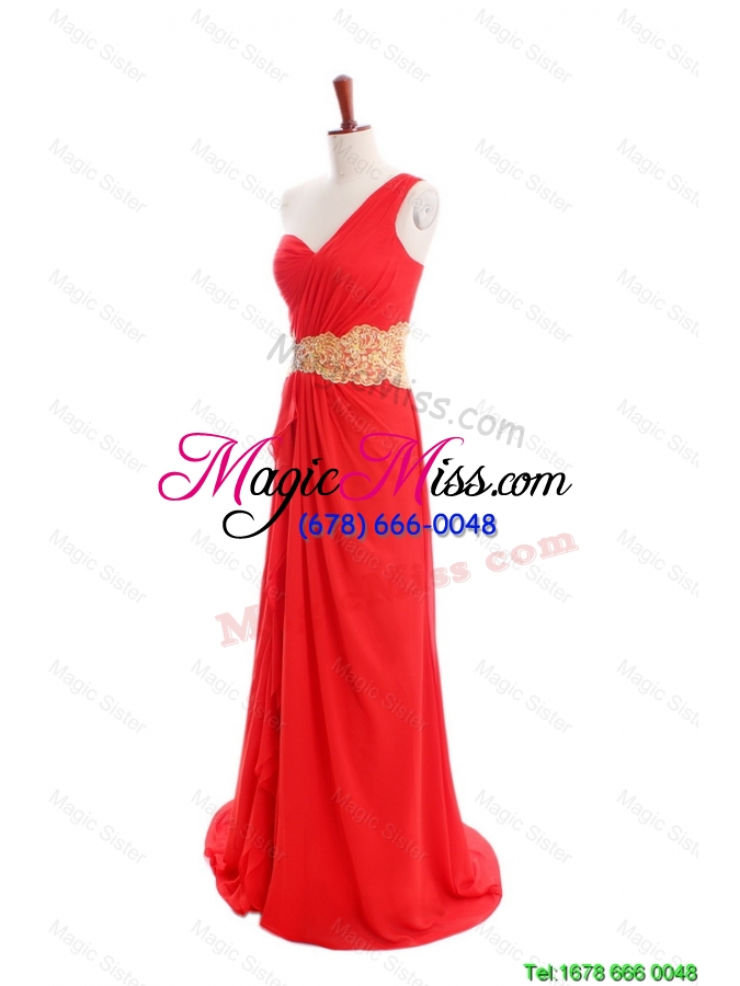 wholesale unique sexy appliques and ruffles one shoulder prom dresses with sweep train