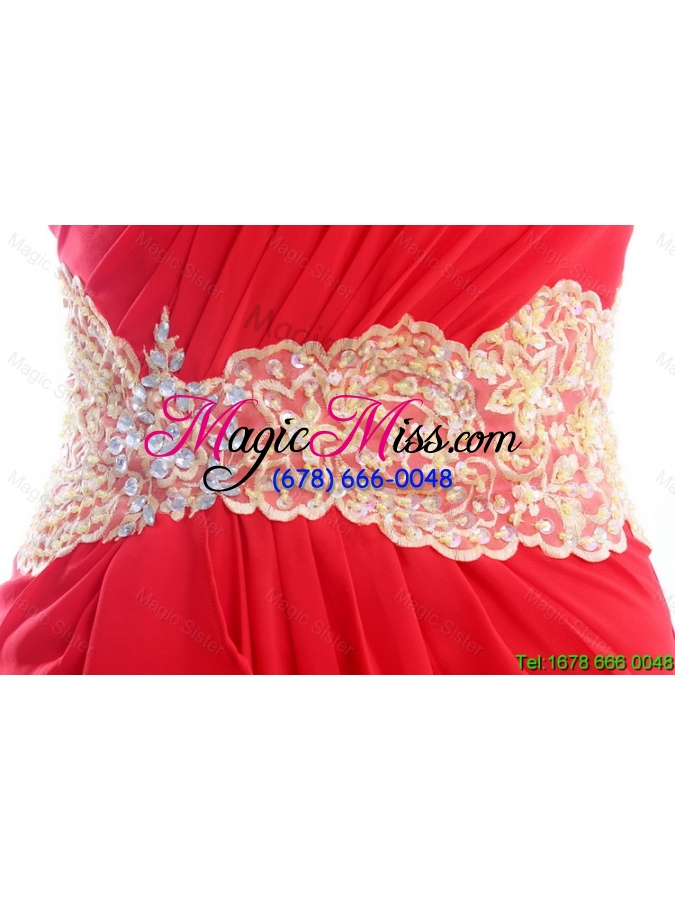 wholesale unique sexy appliques and ruffles one shoulder prom dresses with sweep train