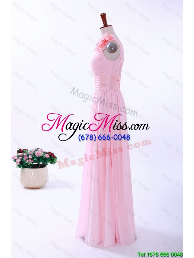 wholesale new style custom made empire one shoulder hand made flowers prom dresses in baby pink