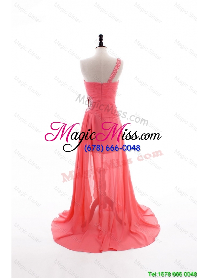 wholesale unique gorgeous column one shoulder watermelon prom dresses with ruching
