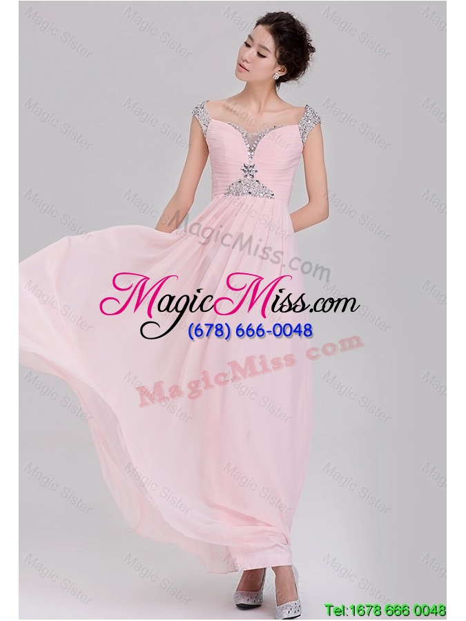 wholesale elegant empire off the shoulder cap sleeves pink prom dresses with beading