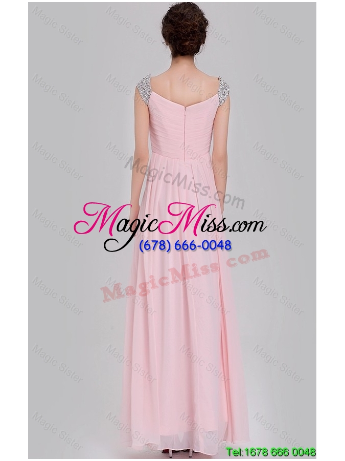 wholesale elegant empire off the shoulder cap sleeves pink prom dresses with beading
