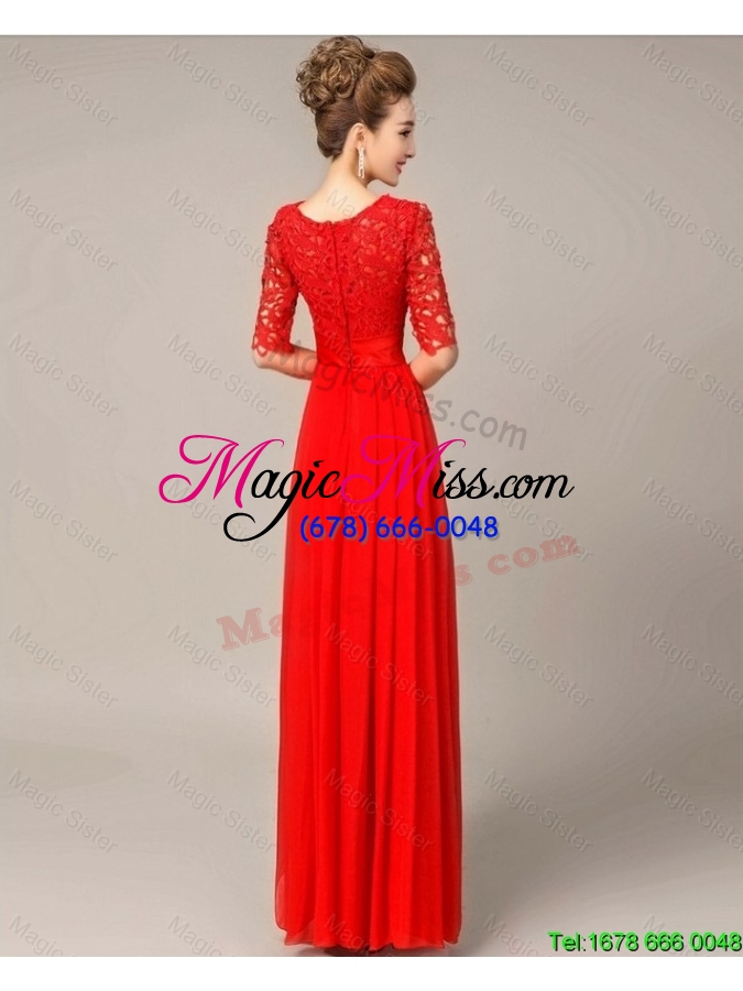 wholesale fashionable lovely scoop laced red prom dresses with half sleeves