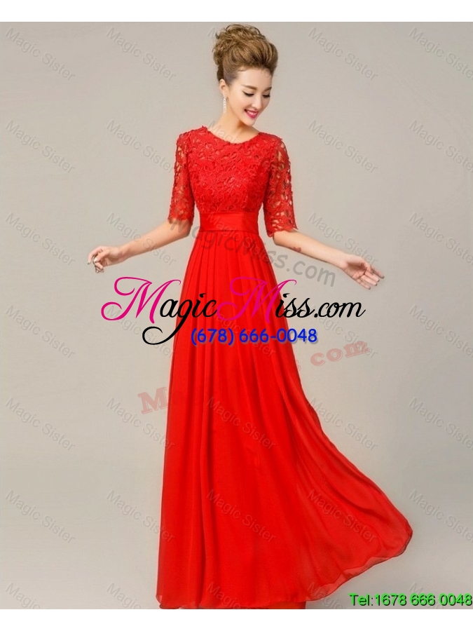 wholesale fashionable lovely scoop laced red prom dresses with half sleeves