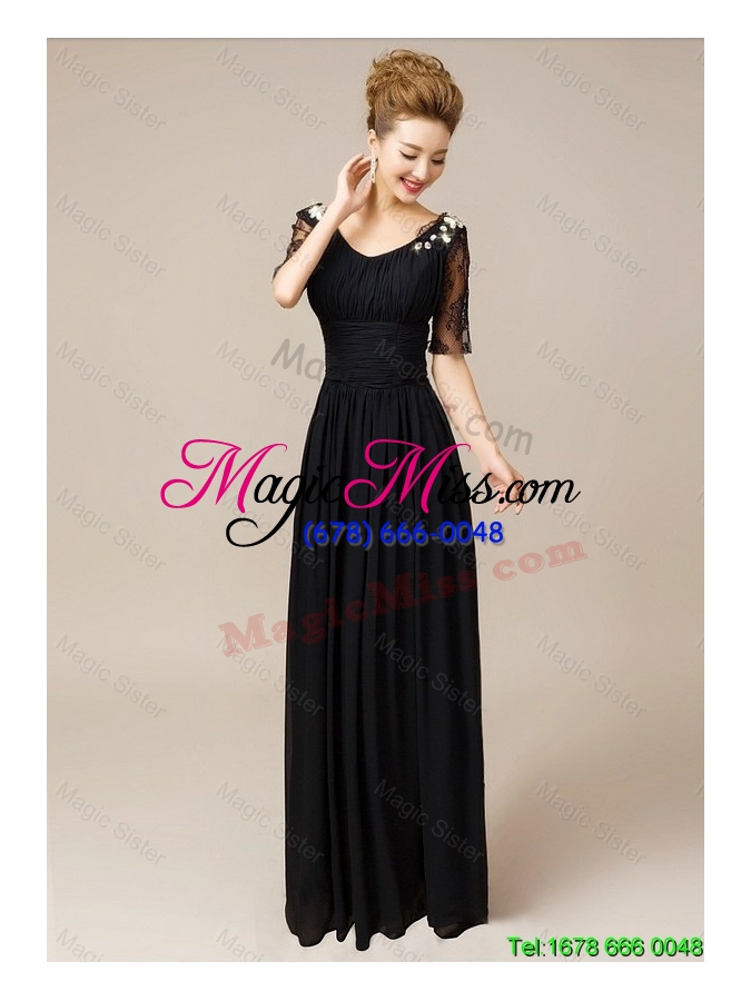 wholesale gorgeous lovely half sleeves laced black prom dresses with v neck