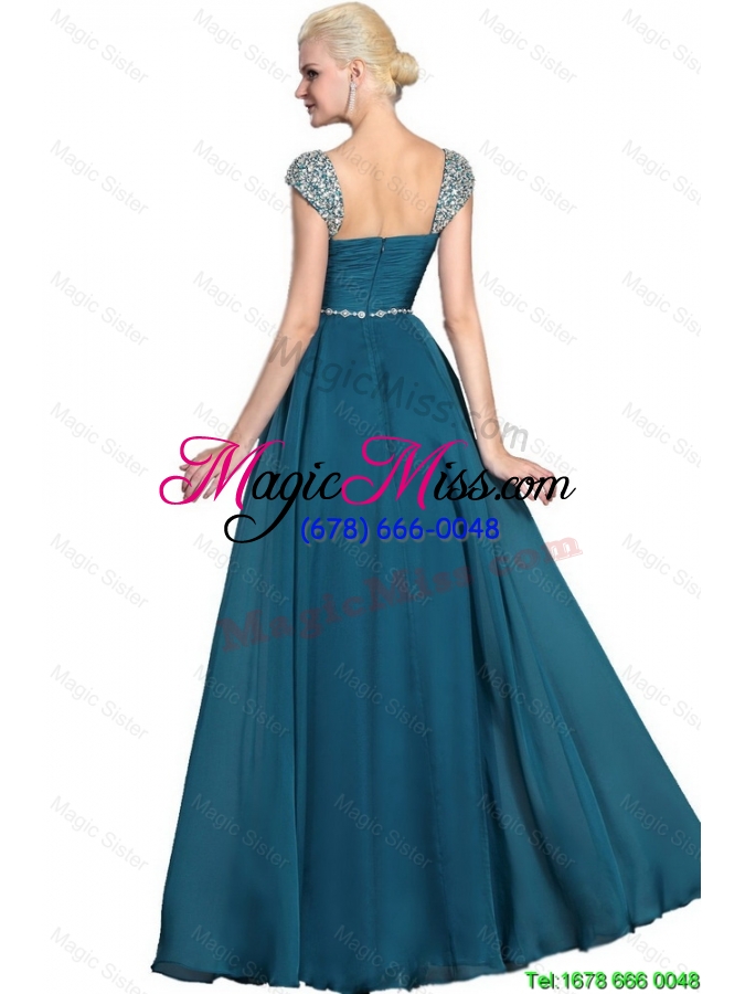 wholesale gorgeous beaded teal cap sleeves prom dresses with straps