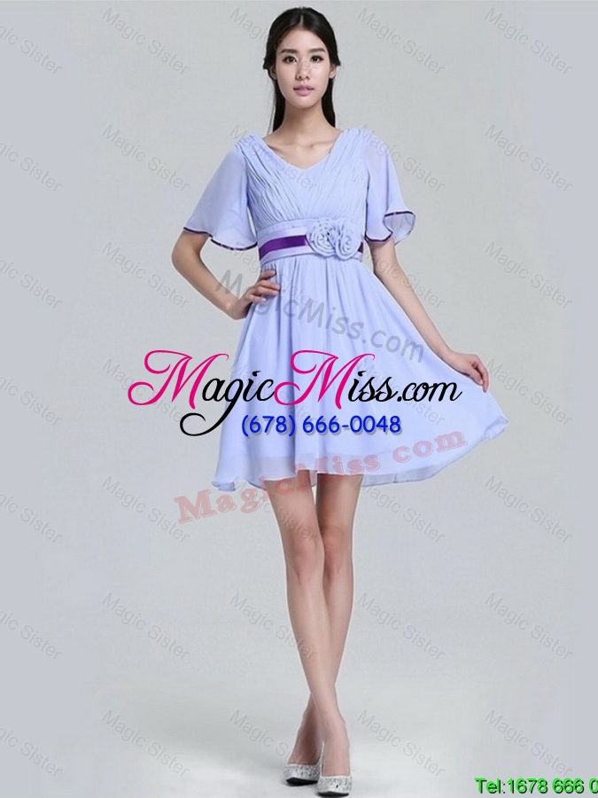 wholesale popular new style v neck short sleeves short prom dresses with hand made flowers