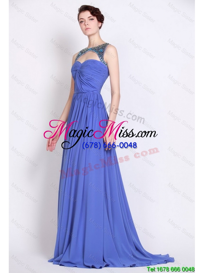 wholesale discount pretty bateau zipper up blue prom dresses with brush train