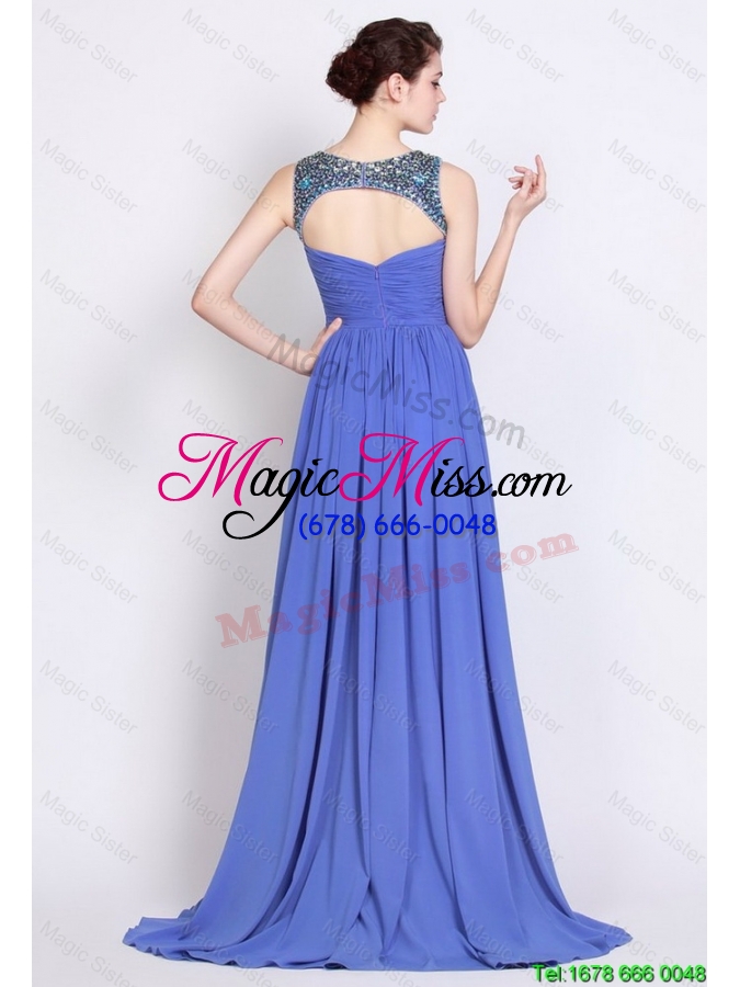 wholesale discount pretty bateau zipper up blue prom dresses with brush train