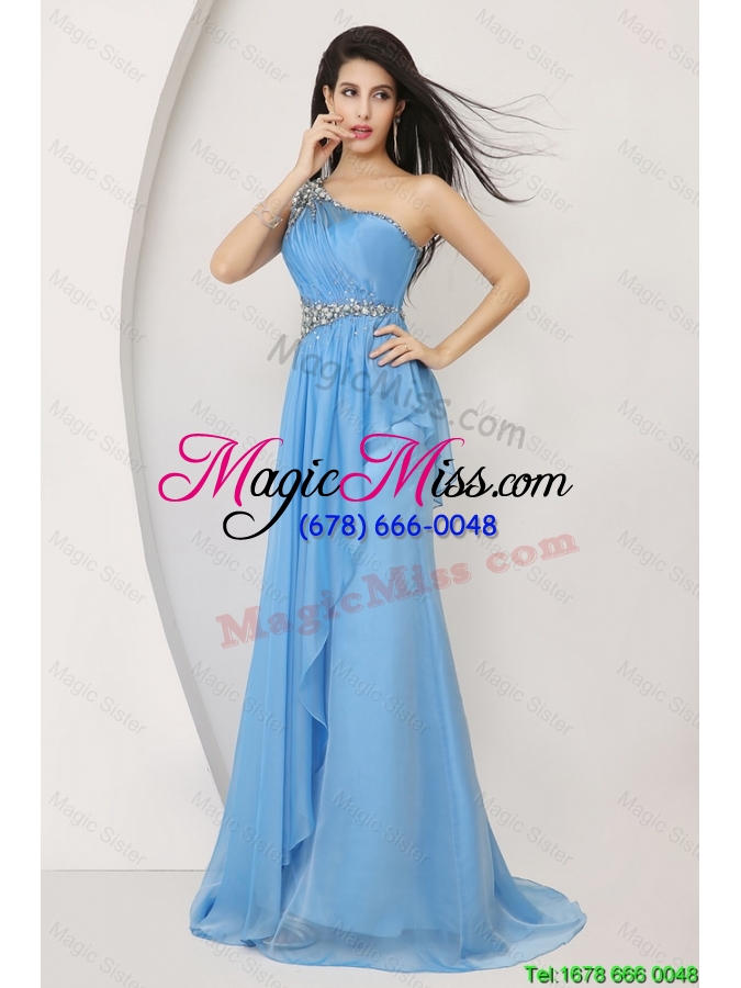wholesale discount beaded baby blue prom dresses with one shoulder