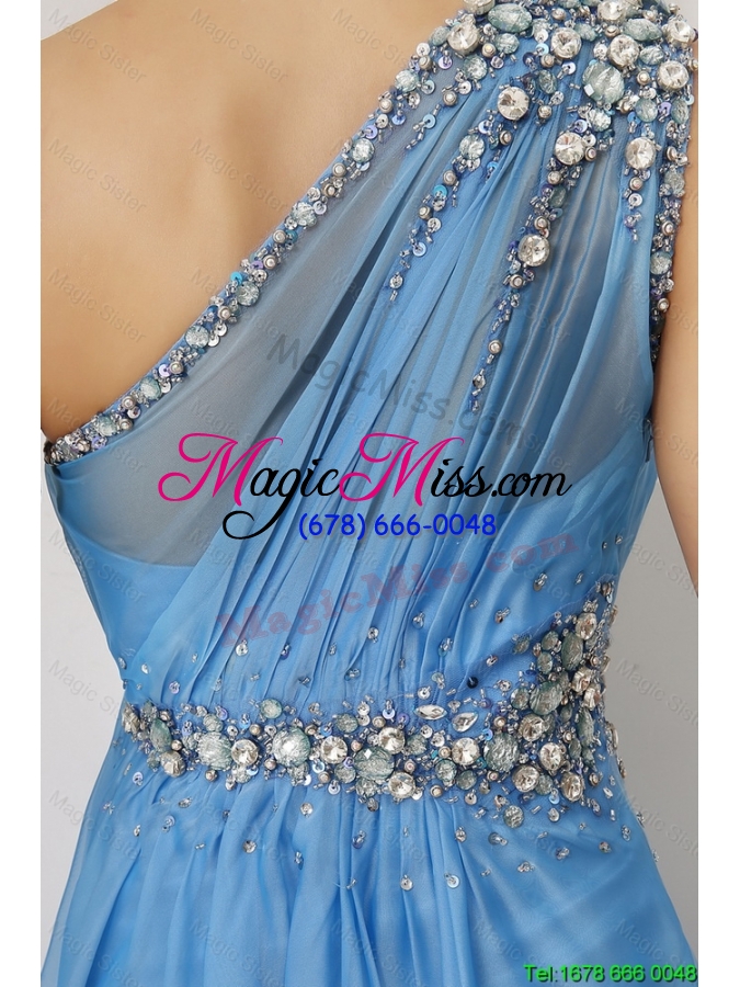 wholesale discount beaded baby blue prom dresses with one shoulder