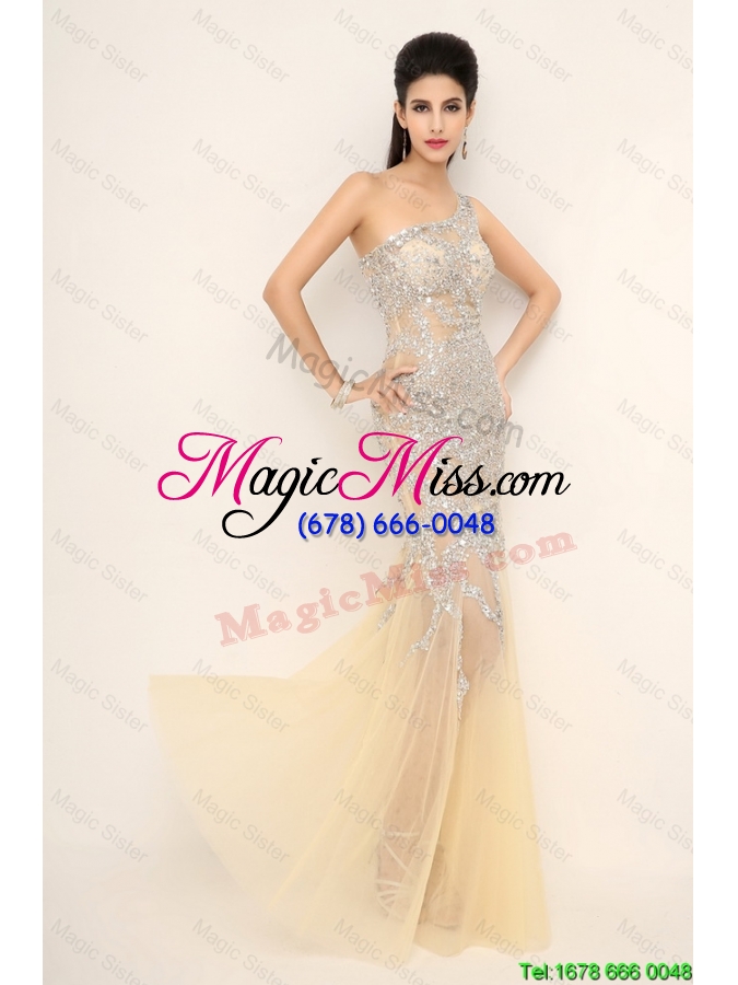 wholesale elegant discount champagne one shoulder prom dresses with side zipper