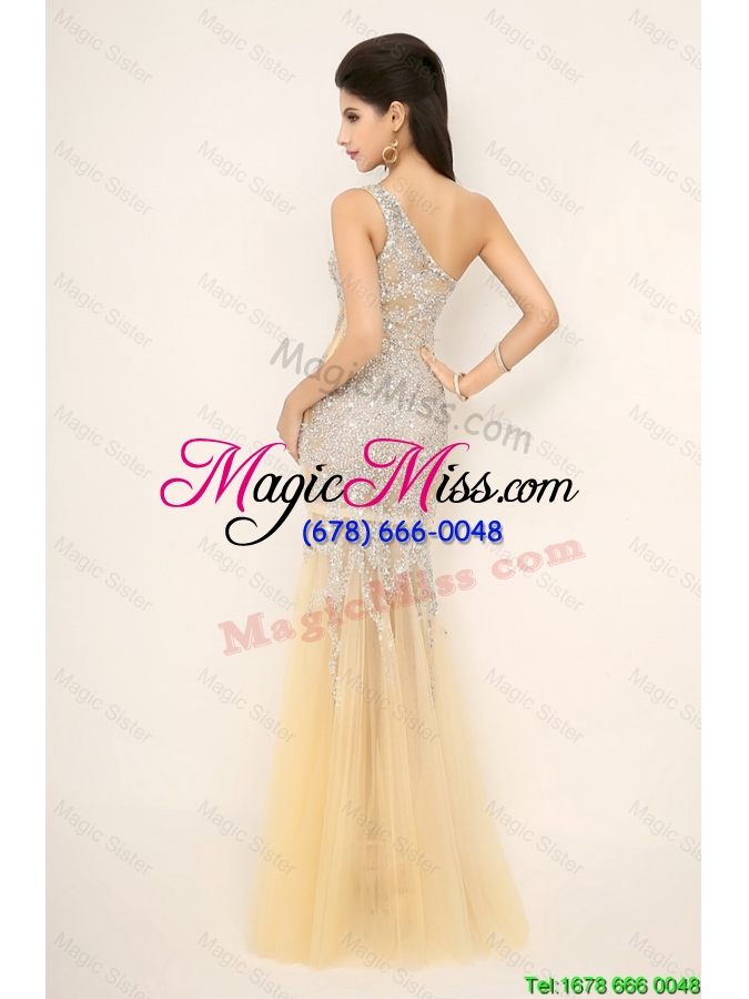 wholesale elegant discount champagne one shoulder prom dresses with side zipper