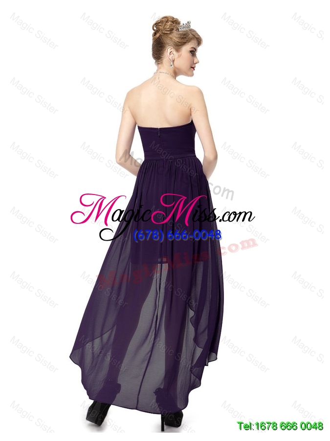 wholesale cheap high low sweetheart purple prom dresses with ruching