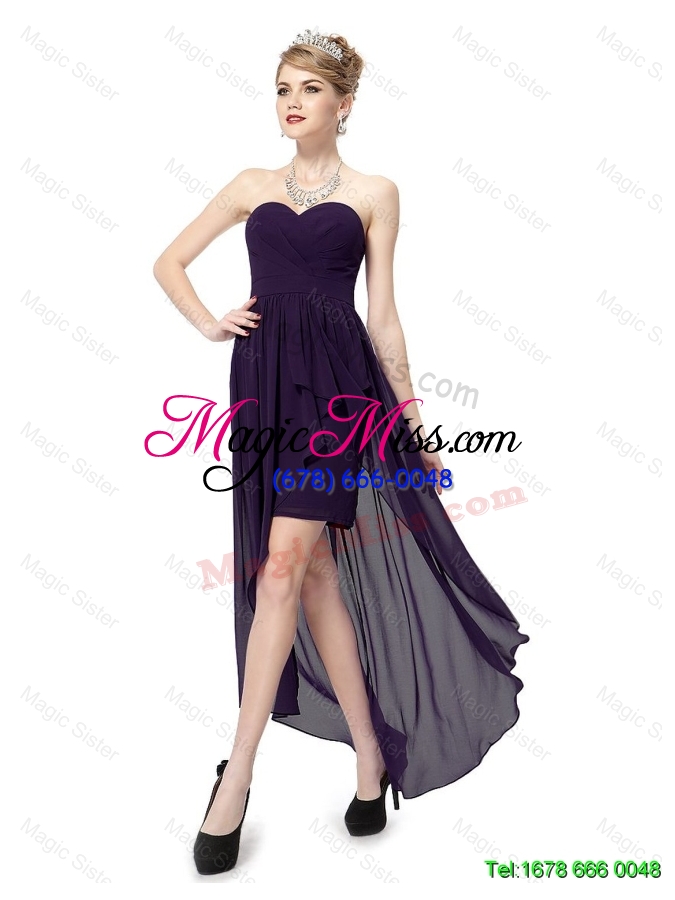 wholesale cheap high low sweetheart purple prom dresses with ruching