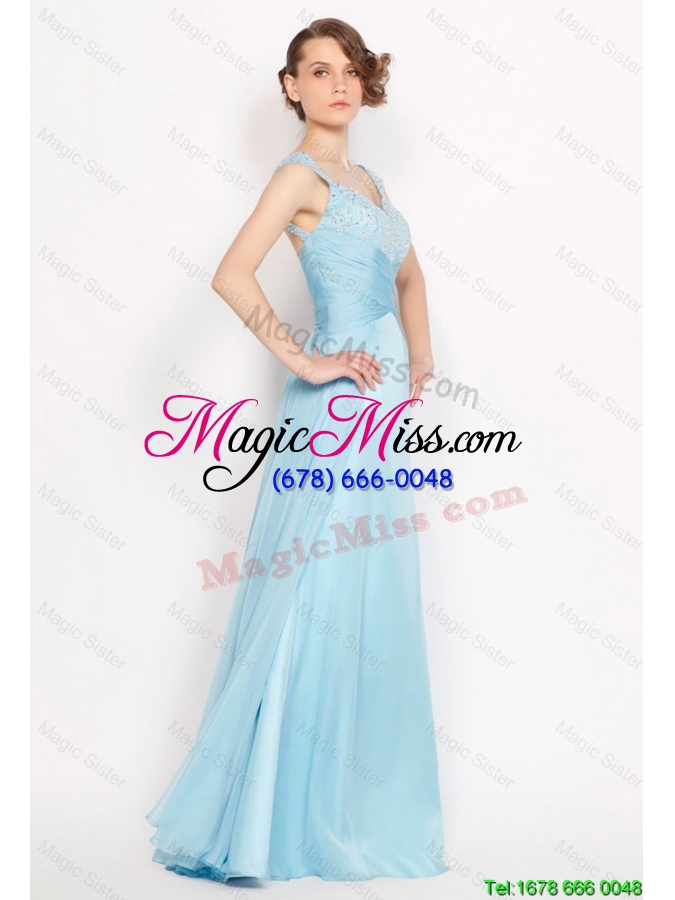 wholesale perfect elegant straps ruched light blue prom dresses with beading