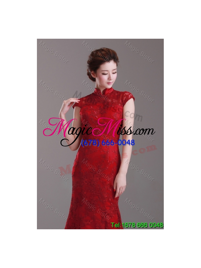 wholesale 2016 spring exquisite cap sleeves mermaid wine red wedding dresses with brush train