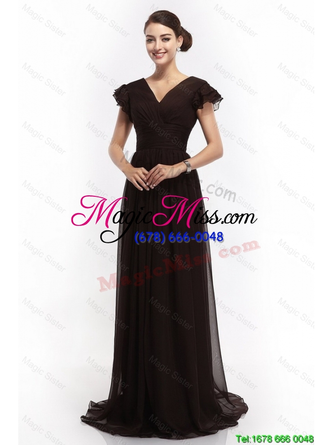 wholesale hot sale v neck ruching empire brush train prom dresses in black
