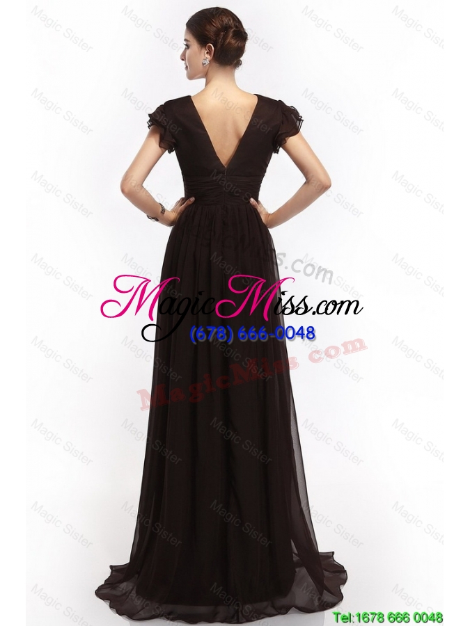 wholesale hot sale v neck ruching empire brush train prom dresses in black