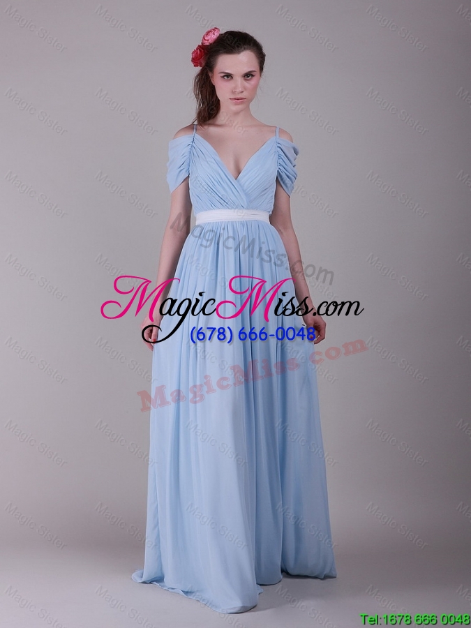 wholesale new style beautiful exclusive spaghetti straps light blue prom dresses with ruching and belt