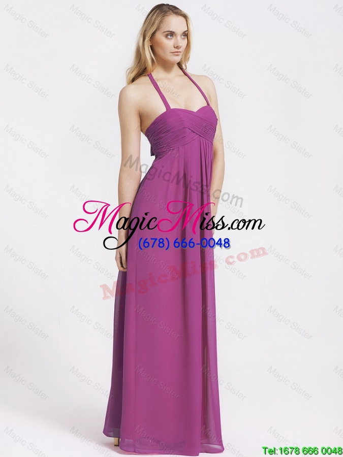 wholesale 2016 new style beautiful exquisite halter top fuchsia prom dresses with ruching