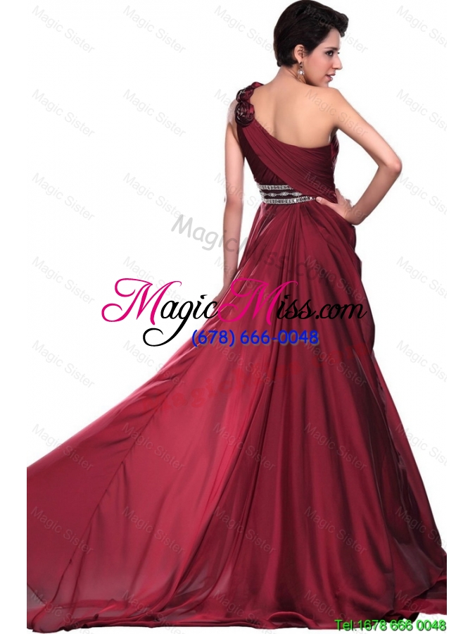 wholesale wine red long prom dress with beading and hand made flowers